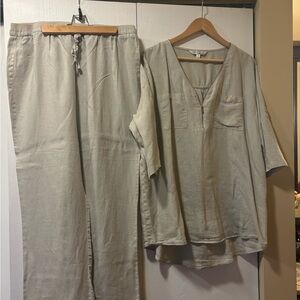Light Taupe Two-Piece Linen Set - Relaxed Top & Drawstring Pants